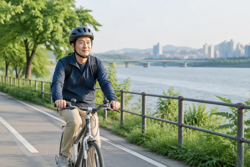 한강 자전거길에서 헬멧을 쓰고 로드 자전거를 타는 30대 한국인 남성