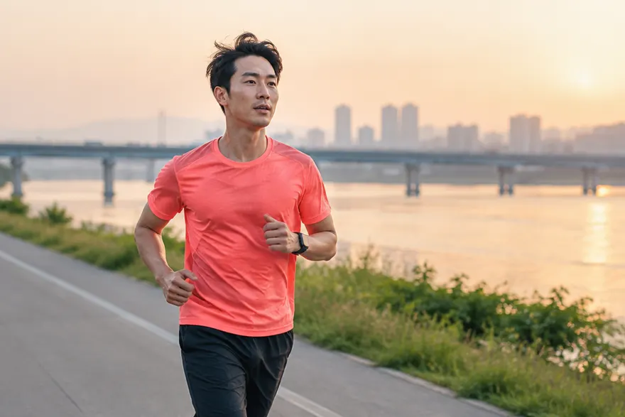 한강 공원 산책로를 가벼운 페이스로 달리는 30대 한국인 남성